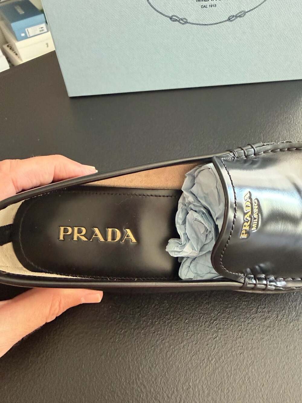 Prada Spazzolato Fumé Black Leather Loafers Size41 Gold Logo Retail $1,200 - Picture 6 of 7